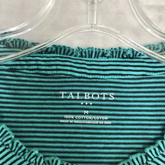 Talbots Top Womens Medium Black Green Stripe Ruffle Quarter Button 3/4 Sleeve - Picture 4 of 8